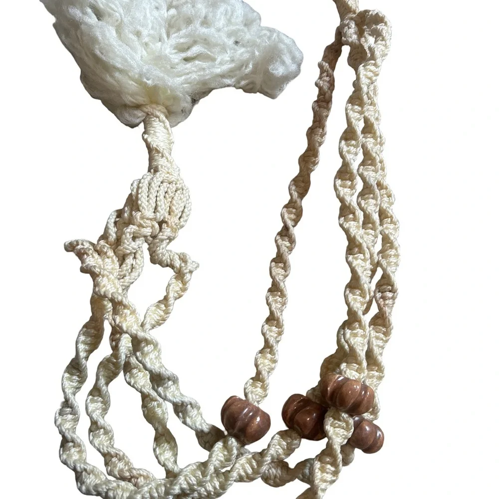 Vintage 70s Macrame Plant Hanger Wood Beads Boho Hippie Cream Ivory [Length]